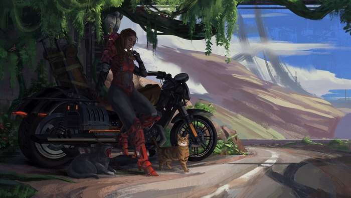 Woman with motorcycle and cats in a post-apocalyptic landscape