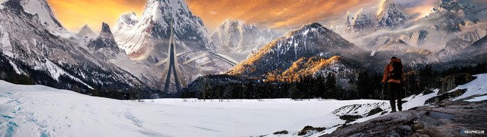 Adventurer in a futuristic snowy mountain landscape