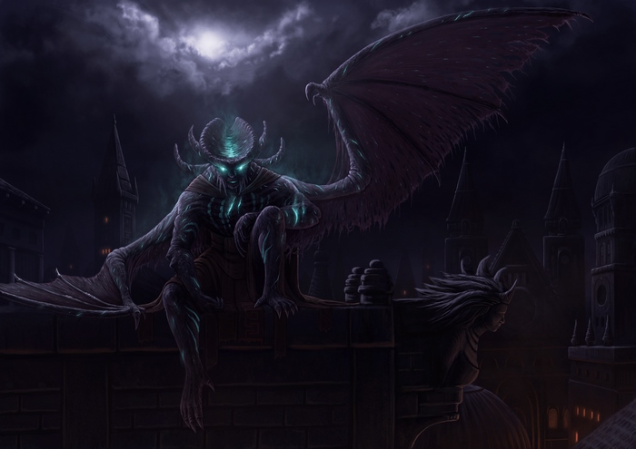 Demon with wings sitting on a rooftop at night