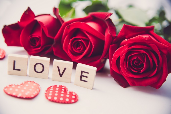 Red Roses and "LOVE" spelled out with wooden blocks