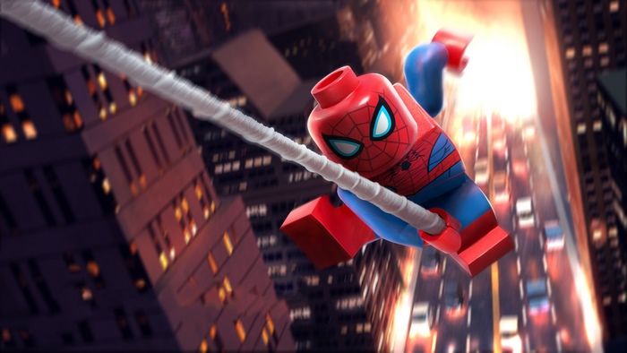 Lego Spider-Man swinging through a city