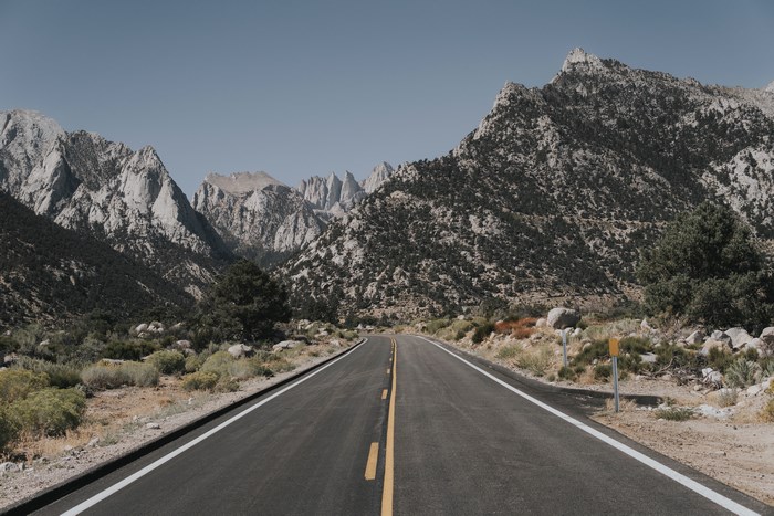 Road through Sierra Nevada mountains in California