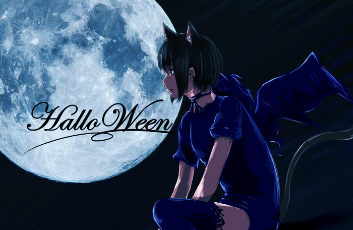 Halloween Cat Girl in Front of Moon