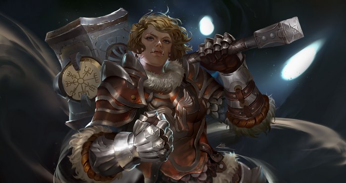 Woman warrior with hammer and armor