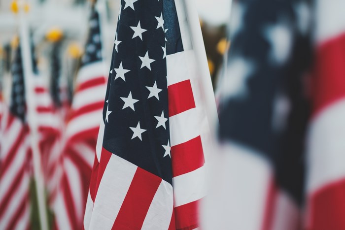 American flags in a row with bokeh effect