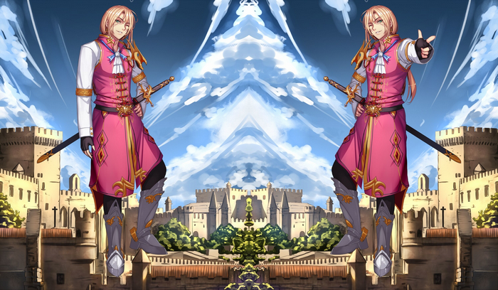 Anime boy with sword in front of castle