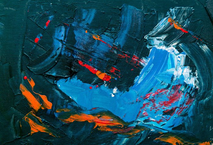 Abstract painting with blue, orange, and red paint strokes