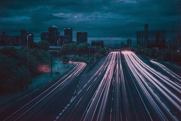 Long exposure of traffic on a highway near Greenwich