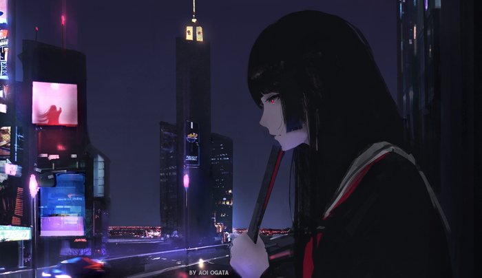 Ai Enma in a futuristic city at night