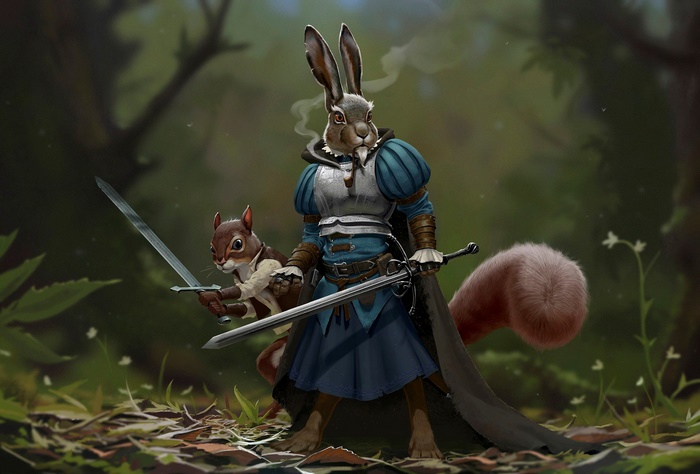 Rabbit and squirrel warriors with swords in forest