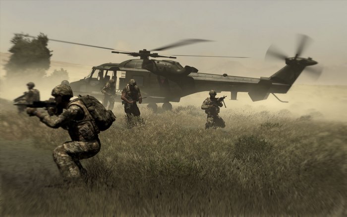 ARMA 2 soldiers disembarking from a helicopter