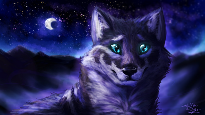 Wolf under a starry night sky