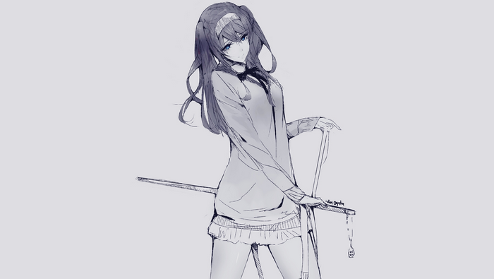 Anime girl with long black hair and blue eyes holding a sword