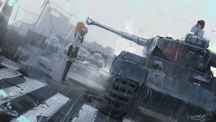Yukari Akiyama and Ruka Oshida from Girls und Panzer in the rain