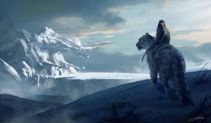 Woman riding a snow leopard in a snowy mountain landscape