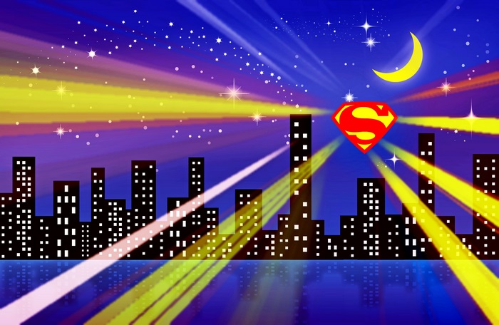 Superman Logo over a City Skyline at Night