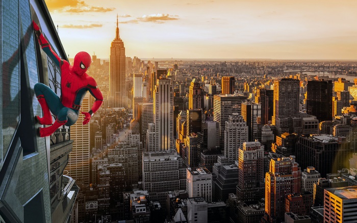 Spider-Man climbing a skyscraper in New York City