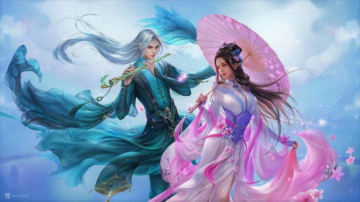 Fantasy Couple Playing Flute and Holding Umbrella