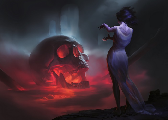 Woman and giant glowing skull in a dark landscape