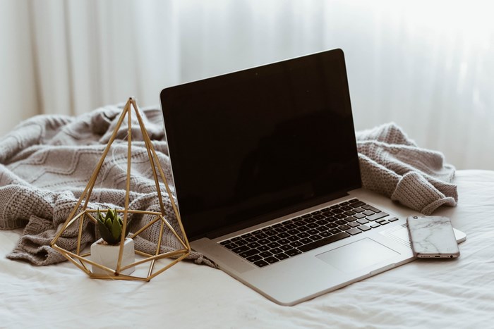 MacBook, iPhone, and Geometric Plant on a Bed