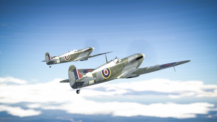 Two Supermarine Spitfires flying in formation