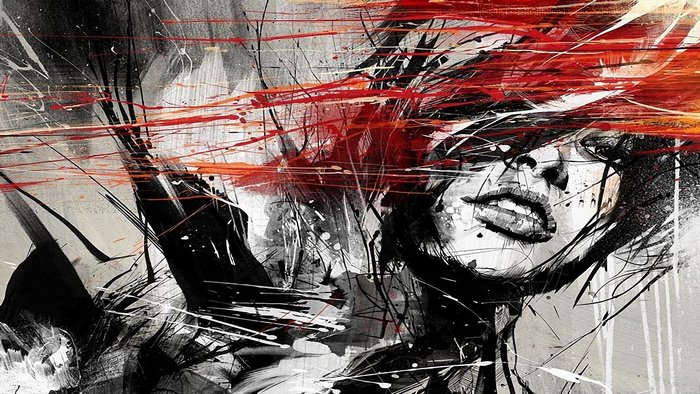 Abstract painting of a woman with red streaks