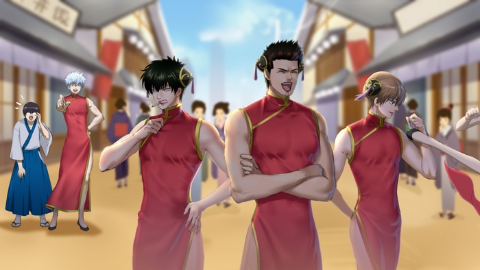 Gintama characters in red dresses on a street