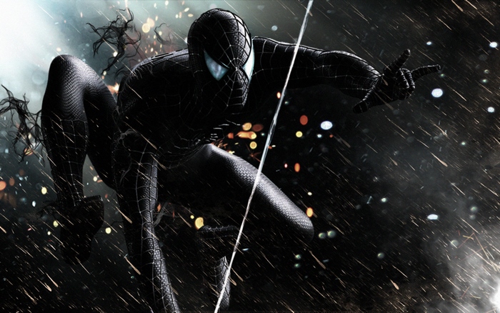 Spider-Man Black Suit Swinging in the Rain