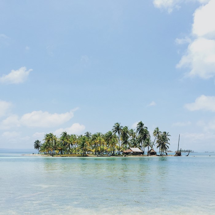 Small tropical island with palm trees and huts in the ocean