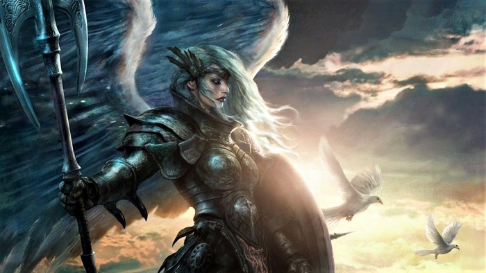 Angel Warrior with Axe and Shield and Doves