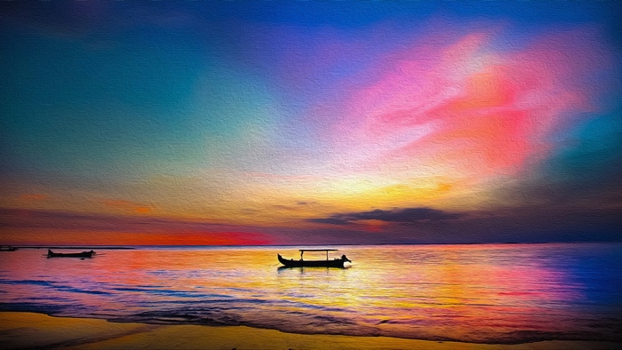Colorful Sunset Over Calm Ocean with Silhouetted Boats