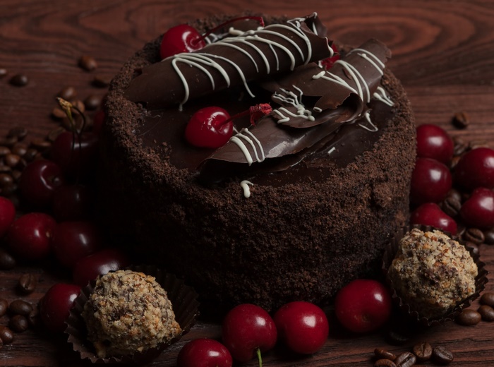 Rich Chocolate Cake with Cherries and Truffles