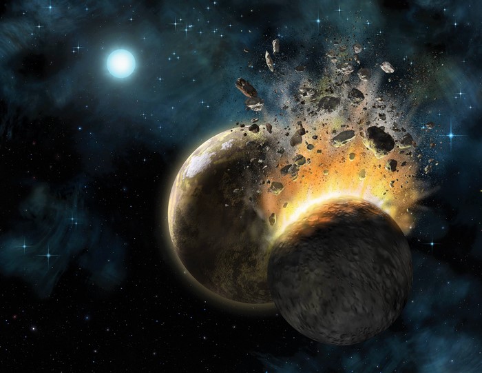 Planetary collision in outer space with debris and a bright star