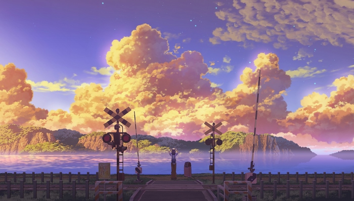 Anime railroad crossing at sunset with a girl