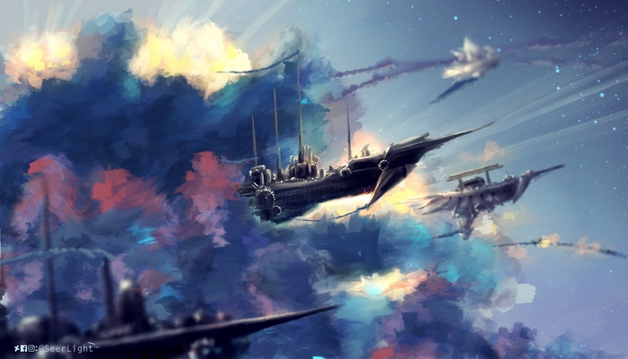 Steampunk airships flying through colorful clouds