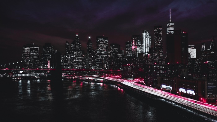 New York City Skyline at Night with Brooklyn Bridge