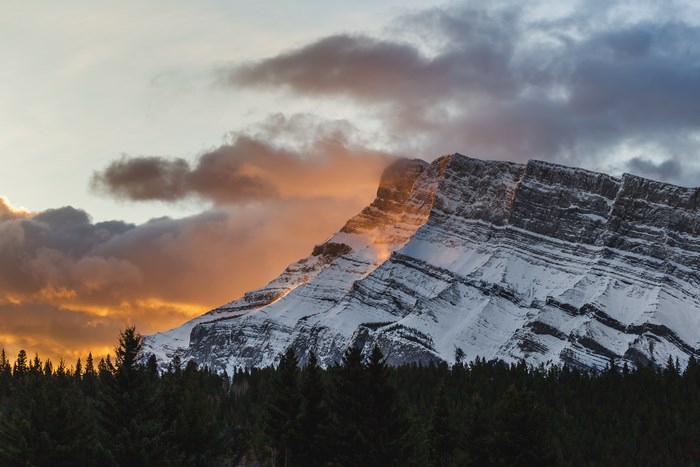 Snow-capped mountain at sunrise in Banff, Canada