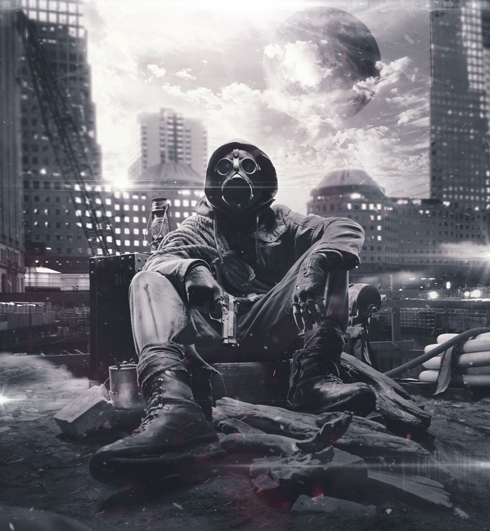 Man in Gas Mask in Post-Apocalyptic City 4K