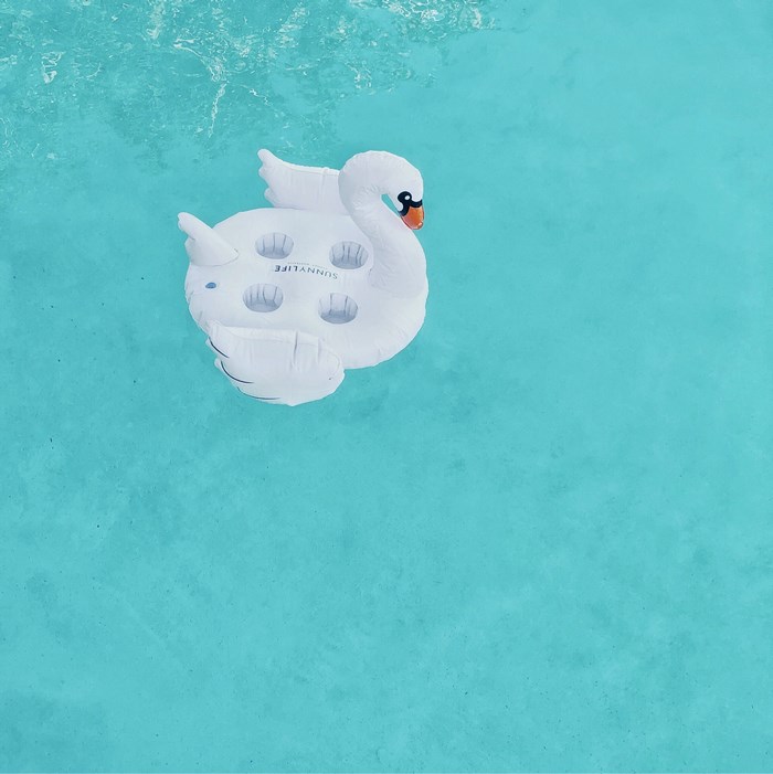 White inflatable swan float with cup holders in a pool