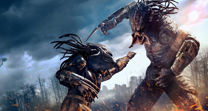 Predators fighting in a destroyed city