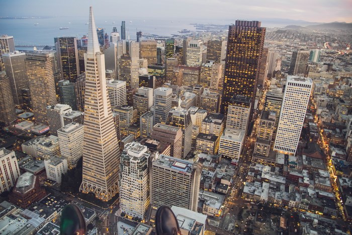 Aerial view of San Francisco cityscape at dusk