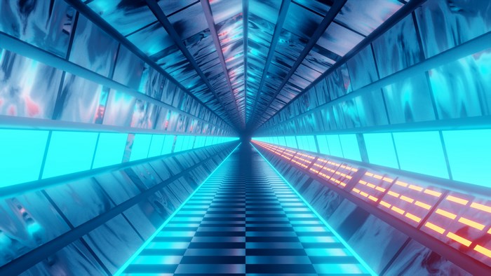 Abstract sci-fi spaceship tunnel with neon blue lights