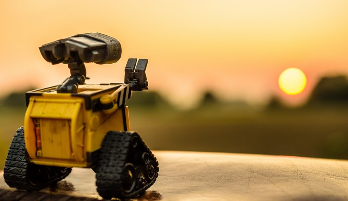 Wall-E toy robot at sunset