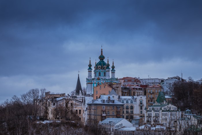 St. Andrew's Church in Kyiv, Ukraine under a cloudy sky