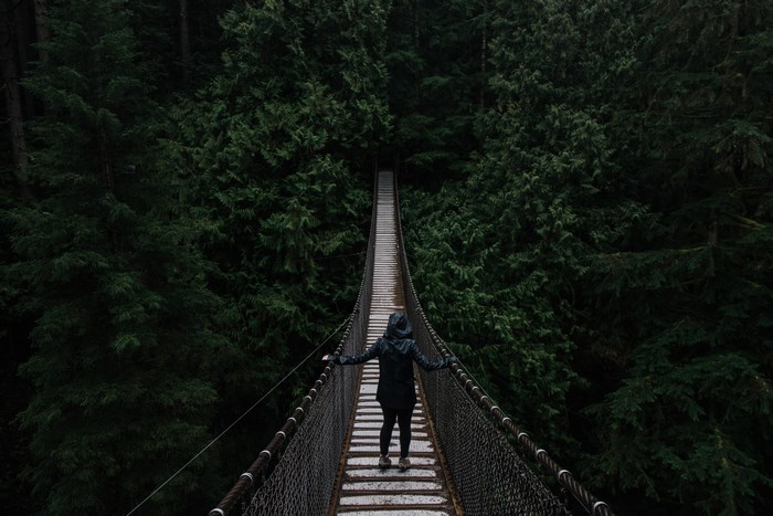 Person on suspension bridge in forest