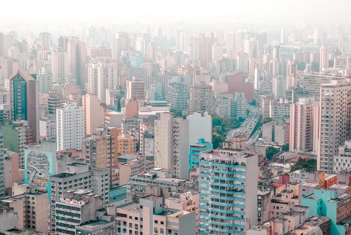 Aerial view of a dense cityscape with numerous skyscrapers in Sao Paulo, Brazil