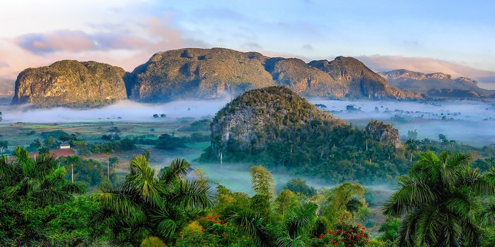 Misty mountains and tropical forest in Vinales Valley