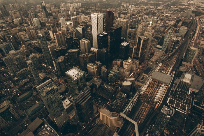 Aerial view of Toronto cityscape with CN Tower