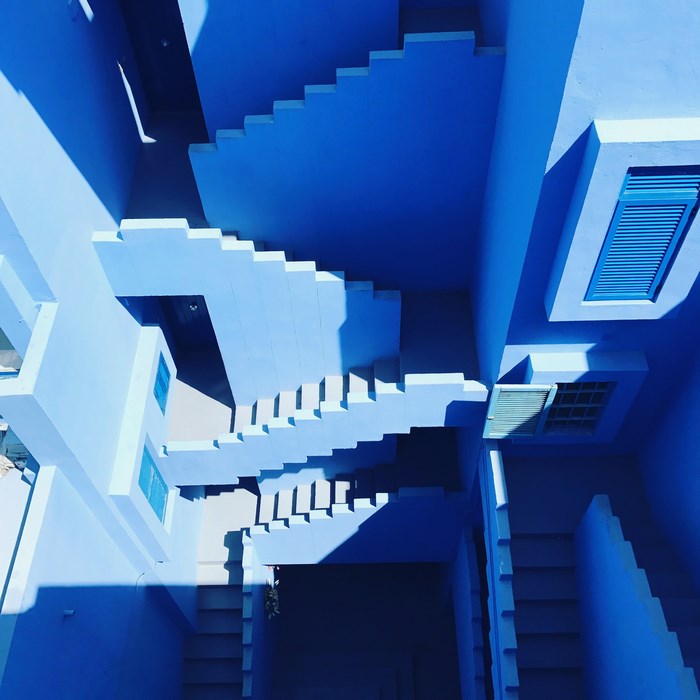 Geometric blue building with stairs in Spain