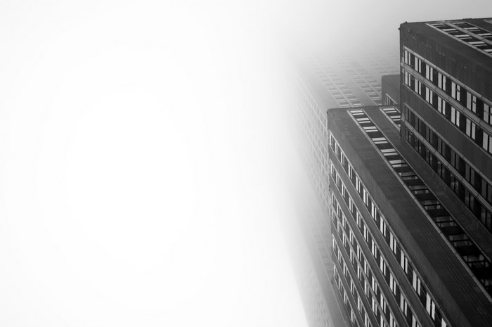 Skyscrapers shrouded in fog